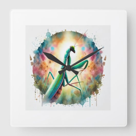 Praying Mantis 080824AREF135 - Watercolor スクエア壁時計 (正面)