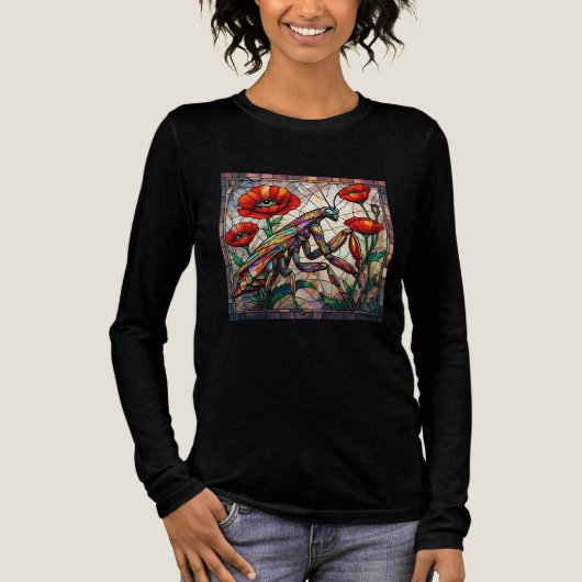 Praying mantis stained glass vibrant poppy flower  トライブレンドＴシャツ (正面)