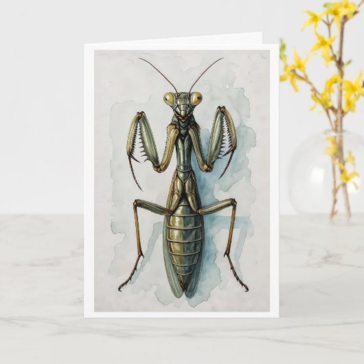 Praying Mantis watercolor painting insect art  カード (黄色い花)
