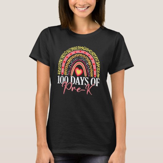 Pre Kの先生のための100日目の学校 レインボーレオパード Tシャツ (正面)