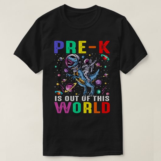 Pre-Kは、この世界の宇宙飛行士の恐竜の宇宙空間から出ている Tシャツ (デザイン正面)