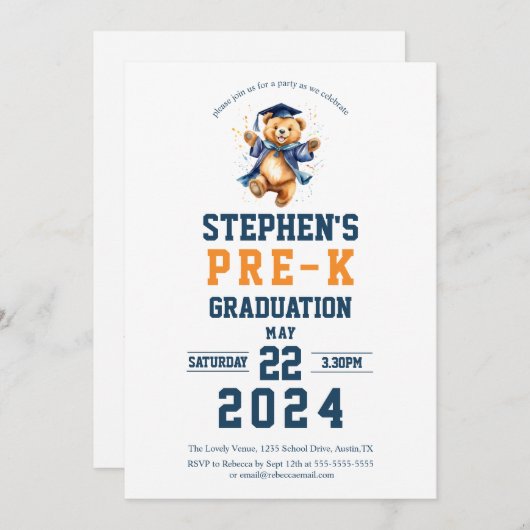 Pre-k卒業式パーティーかわいいテディベア 招待状 (正面/裏面)