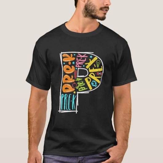 Pre-K Colorfullタイポグラフィキッズ先生に戻るSc Tシャツ (正面)
