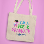 Pre-K Graduate Cute Pink Owl Custom Graduation トートバッグ<br><div class="desc">A cool personalized preschool graduation tote bag for a little girl graduating from Pre-K and moving on to kindergarten. It features a cute pink owl wearing a graduation cap and carrying a scroll next to a fun font in pretty blue,  green,  and pink.</div>