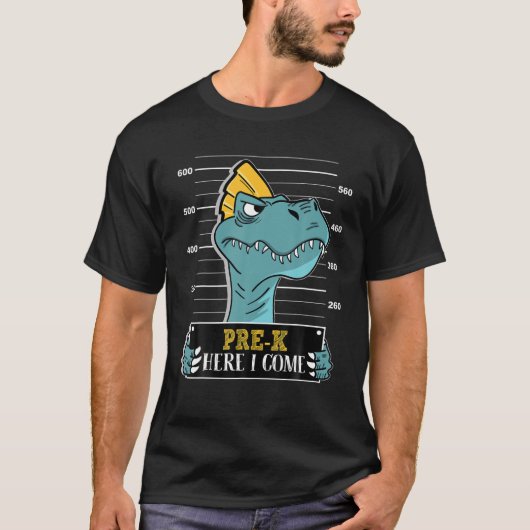 Pre-K Here I 来レックス恐竜新学期 Tシャツ (正面)