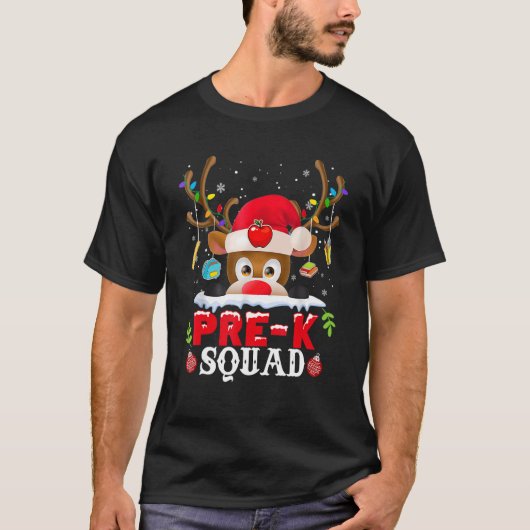Pre K Squad Plaid Reindeer Santa Hat Teacher Chris Tシャツ (正面)
