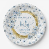 Precious dusty blue watercolor flowers gold shower ペーパープレート (正面)