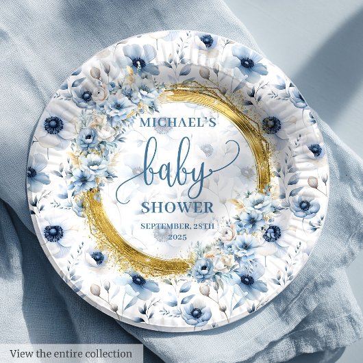 Precious dusty blue watercolor flowers gold shower ペーパープレート