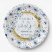 Precious dusty blue watercolor flowers gold shower ペーパープレート (正面)