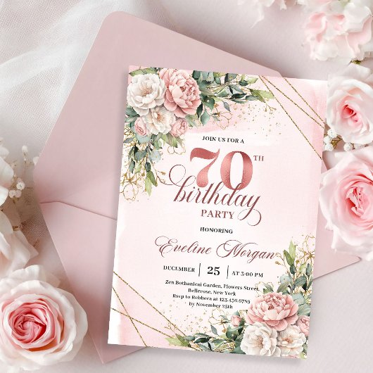 Precious Light Pink Bohemian Floral 70th Birthday  招待状
