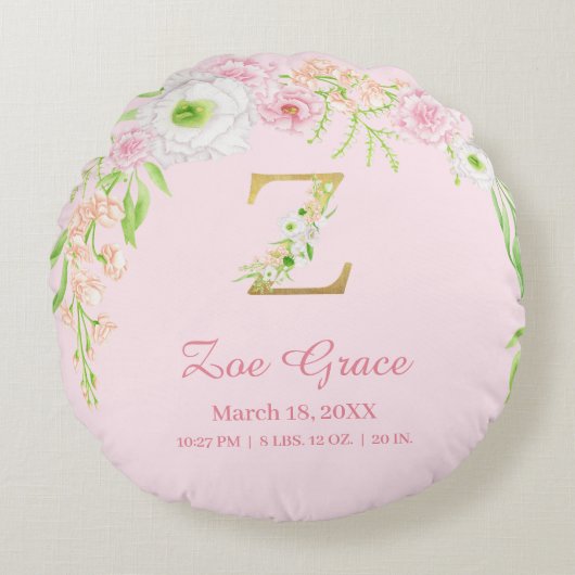 Precious Pink Gold Monogram "Z" Baby Girl Stats ラウンドクッション (正面)