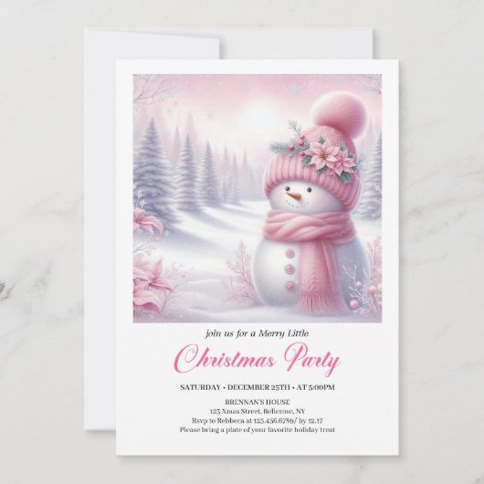 Precious Pink Snowman Editable Kids Christmas  招待状 (正面)