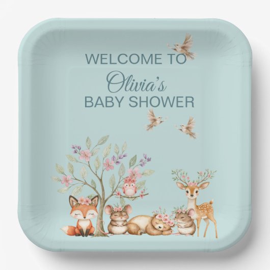 Precious Woodland Animals - Welcome to Baby Shower ペーパープレート (正面)