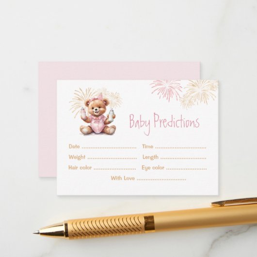 Predictions Pink New Year Girl Baby Shower Game エンクロージャーカード (正面/裏面インサイチュ)