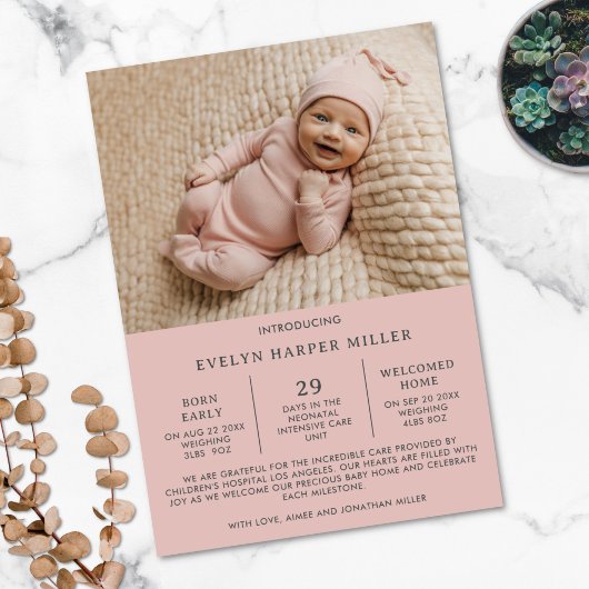 Preemie NICUピンクモダンカード 案内状