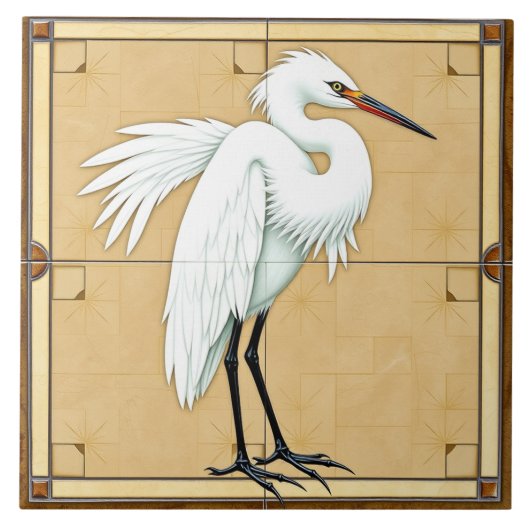 Preening Egret – 美術工芸品セラミックタイル タイル (正面)