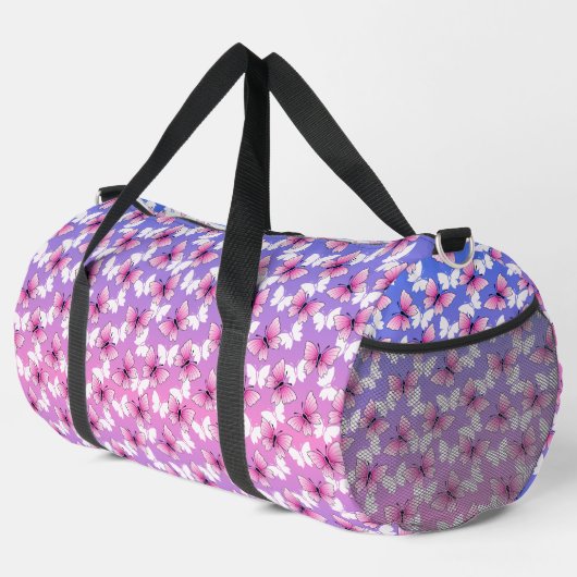 Preety Pink and White Butterfly Pattern Duffel Bag ダッフルバッグ (右コーナー)