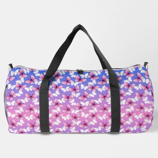 Preety Pink and White Butterfly Pattern Duffel Bag ダッフルバッグ (裏面)