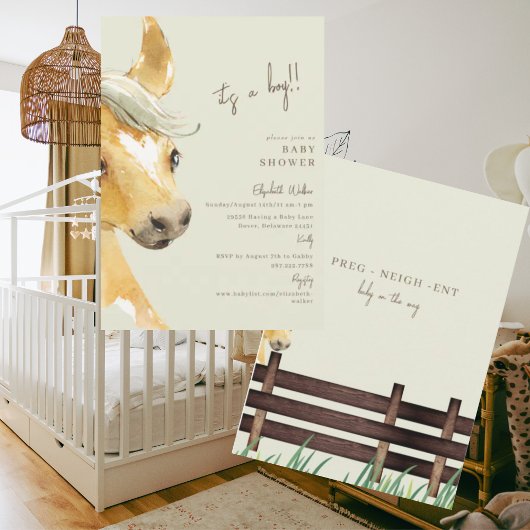 Preg-neigh-ent Horse It's a Boy Baby Shower 招待状