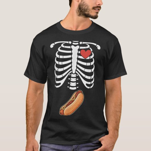 Pregnancy Skeleton Hotdog Belly Bump Rib Cage Hall Tシャツ (正面)