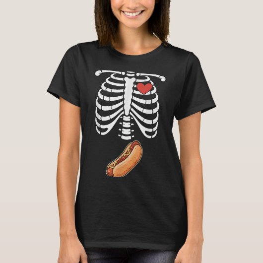 Pregnancy Skeleton Hotdog Belly Bump Rib Cage Hall Tシャツ (正面)