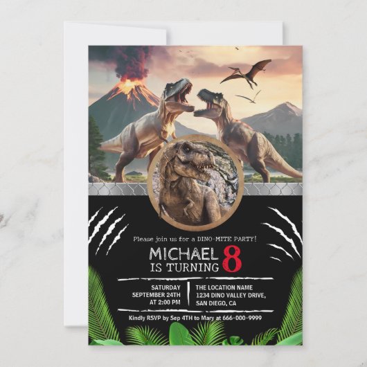 Prehistoric Dinosaur T-rex Birthday Party 招待状 (正面)