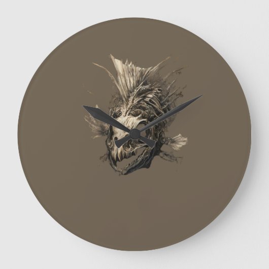 Prehistoric Fish Skull Grunge Dark Art ラージ壁時計 (正面)