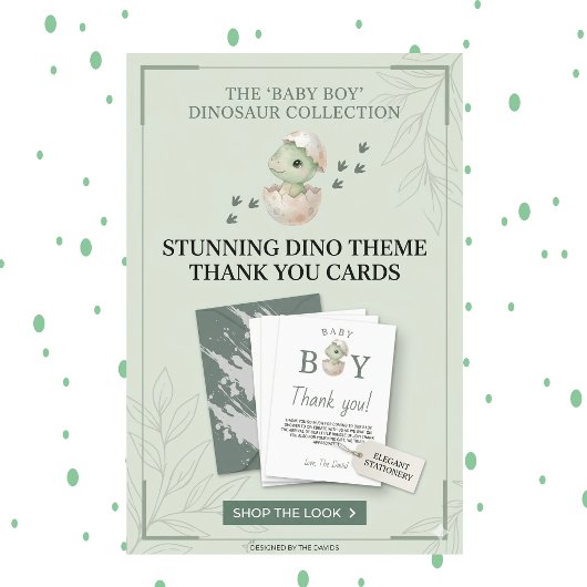 Prehistoric Sage Green Baby Boy Shower サンキューカード