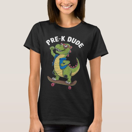 Prek Dude Dinosaur Skateboarding Kids Kindergarten Tシャツ (正面)