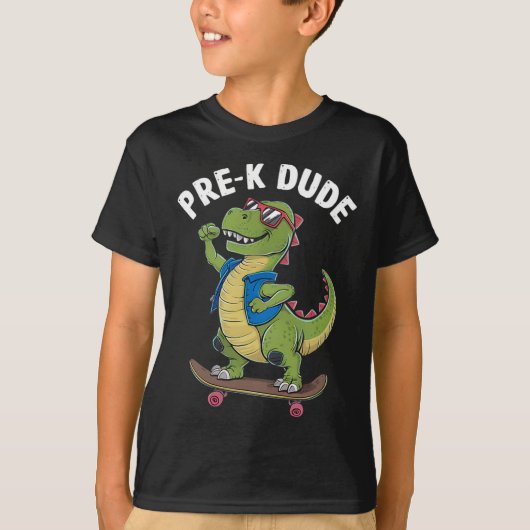 Prek Dude Dinosaur Skateboarding Kids Kindergarten Tシャツ (正面)