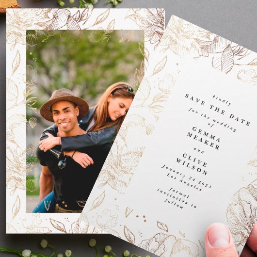 Premium モダン Hand Drawn花模様の結婚写真 セーブザデート