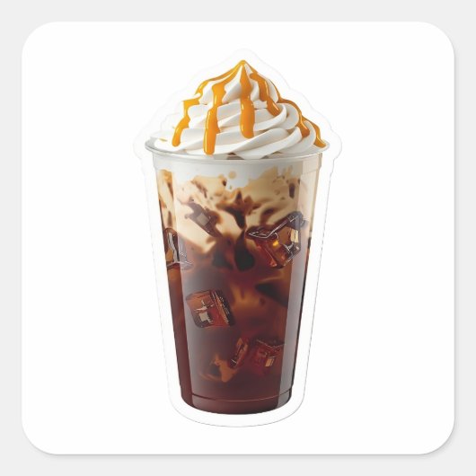 Premium 3D Iced Coffee with Caramel Drizzle Sticke スクエアシール (正面)