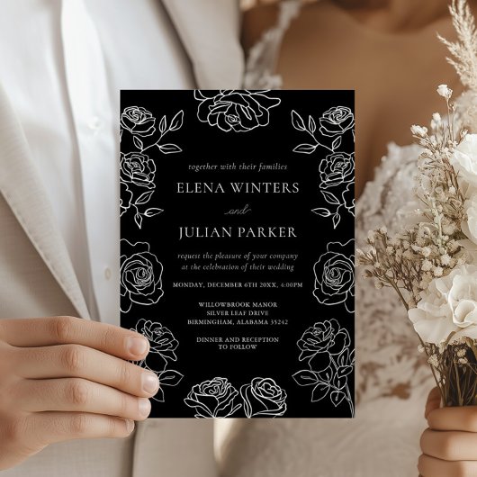 Premium Black And White French Roses Wedding 招待状