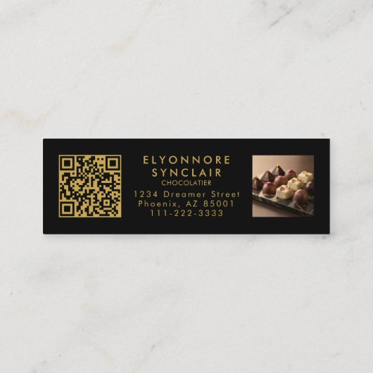 Premium Black Gold Script Chocolatier QR Code スキニー名刺 (裏面)