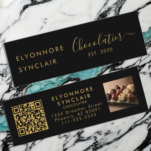 Premium Black Gold Script Chocolatier QR Code スキニー名刺