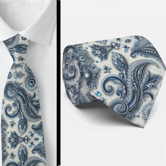 Premium Blue and White Diamond Paisley Neck Tie ネクタイ