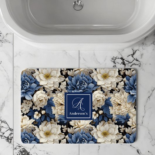 Premium Blue White Flowers Custom Name Bath Mat バスマット