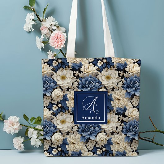 Premium Blue White Flowers Custom Name Tote Bag トートバッグ