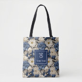 Premium Blue White Flowers Custom Name Tote Bag トートバッグ (正面)