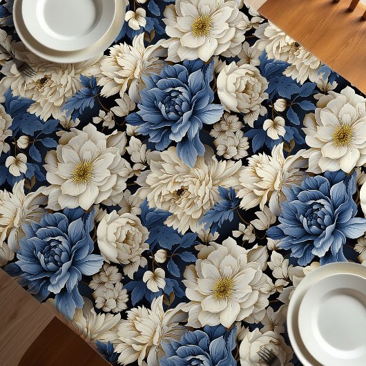 Premium Blue White Ivory Floral Tablecloth テーブルクロス