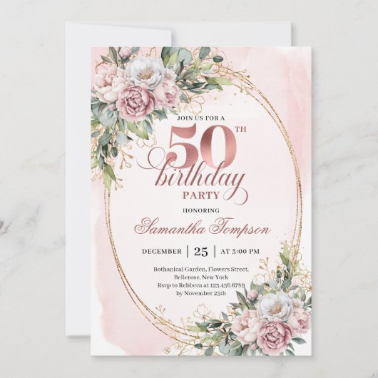 Premium Rose Gold Floral 50th Birthday Invitation 招待状 (正面)