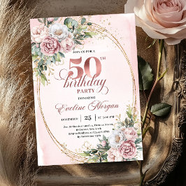 Premium Rose Gold Floral 50th Birthday Invitation 招待状