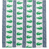 Preppy Alligator Greek Key Stripe - Green & Navy シャワーカーテン (正面)