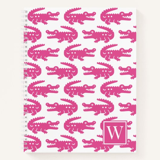 Preppy Alligator - Hot Pink & White Monogram ノートブック (正面)