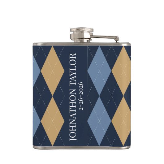 Preppy Argyle Navy Khaki Smoke Blue Personalized フラスク (裏面)