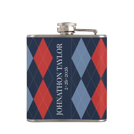 Preppy Argyle Navy Red Smoke Blue Personalized フラスク (裏面)