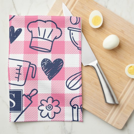 Preppy Baking Pink Gingham  キッチンタオル (四つ折り)