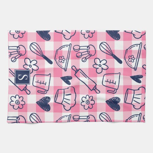 Preppy Baking Pink Gingham  キッチンタオル (横)