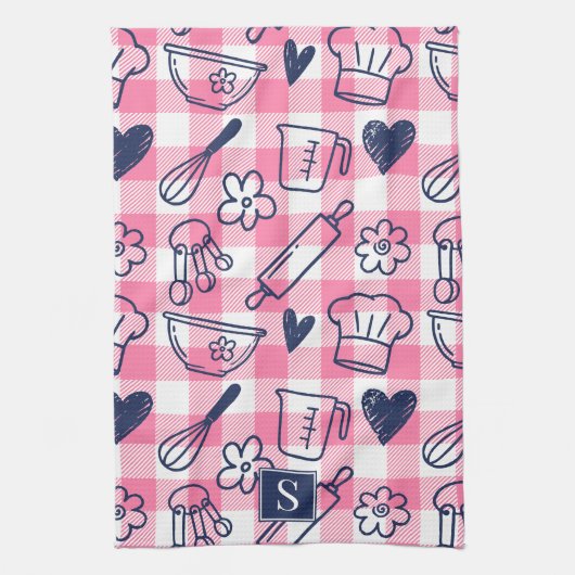 Preppy Baking Pink Gingham  キッチンタオル (縦)
