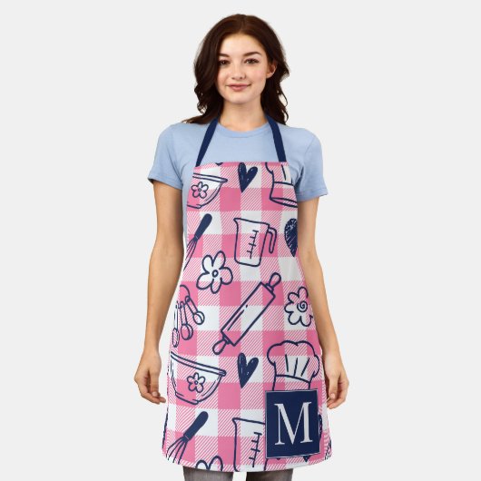 Preppy Baking Pink Gingham Recipe エプロン (着用した状態)